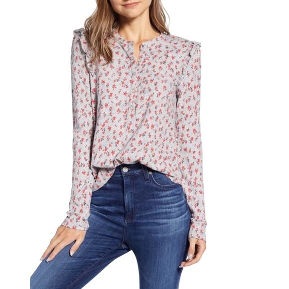 Lucky Brand Floral Henley Shirt Ruffled Cotton Blend Top Size XL NWT Gray Red - Picture 1 of 7